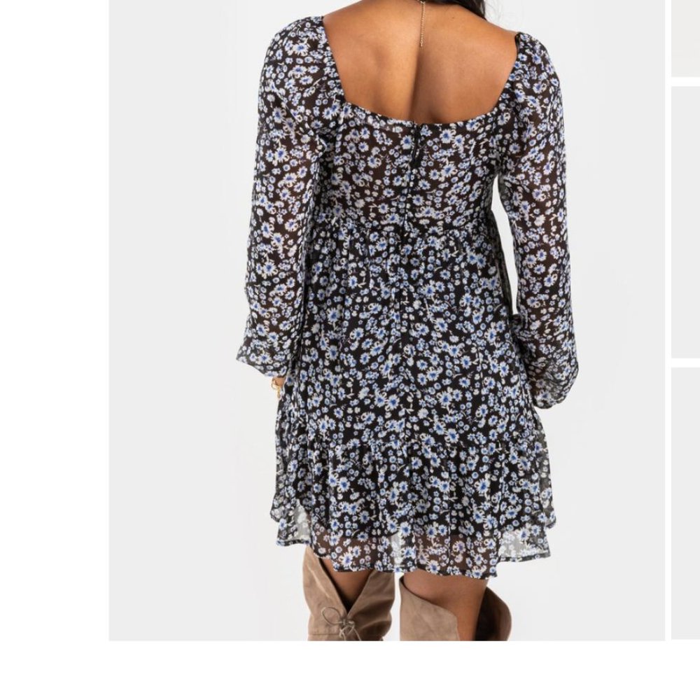 NWT! Floral Long Sleeve Black and White Mini Dress - Picture 2 of 6